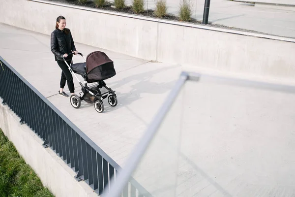 Mother Pram Stroller Modern City Streets Walking Relaxing Autumn — Stock Photo, Image