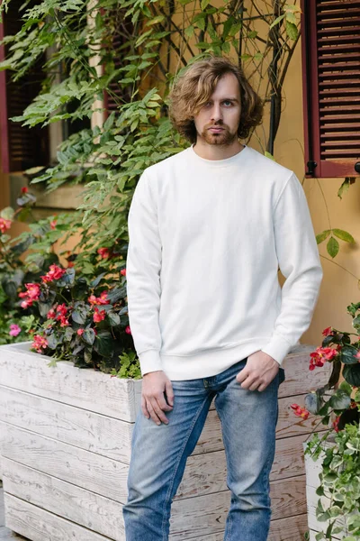 Man Wearing White Sweatshirt Hoodie Mock Logo Designs Design Prints — Stock Photo, Image