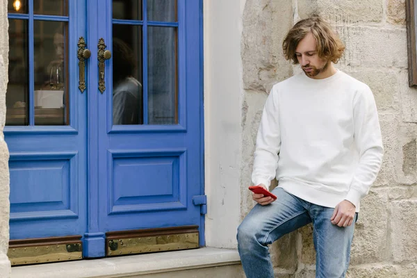 Man Wearing White Sweatshirt Hoodie Mock Logo Designs Design Prints — Stock Photo, Image