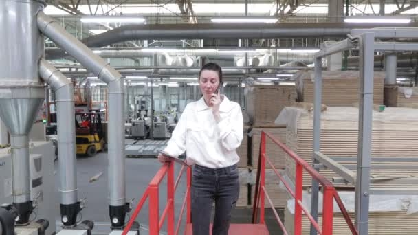 Bizneswoman Stolarni Używając Tabletu Fabryka Stolarstwa Fabryka Produkcji Desek Parkietowych — Wideo stockowe