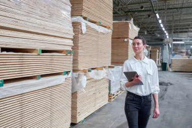 Marangoz fabrikasındaki iş kadını tablet bilgisayar kullanıyor. Marangozluk fabrikası. Parke tahtası üretimi için bir fabrika