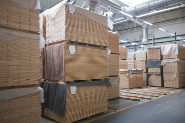 Marangozluk fabrikası. Kaplama üretimi için otomatik ekipman. Modern robot fabrikası içeride. Ahşap işçiliği
