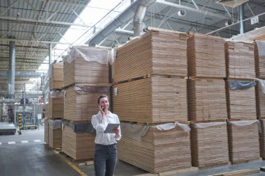 Endüstriyel Marangozluk fabrikasında çalışan bir iş kadını. Modern makineli ahşap tahta üretimi.