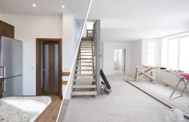 Ev yenileme konsepti. Modern tarzda iç mekan öncesi ve sonrası. Oturma odası