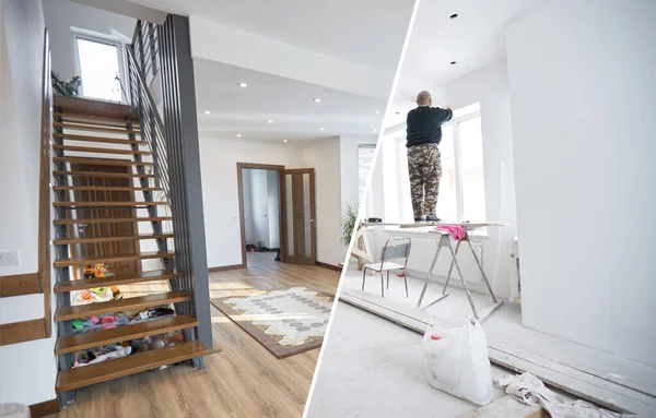 Conceito Renovação Casa Antes Depois Interior Estilo Moderno Sala Estar — Fotografia de Stock