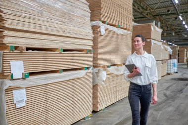 Marangozluk fabrikasında tablet bilgisayar kullanarak kadın portresi. Marangozluk fabrikası. Parke tahtası üretimi için bir fabrika