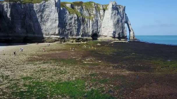 Etretat Francja Widok Lotu Ptaka Piękne Wybrzeże Zatokę Alabastrową Brzegiem — Wideo stockowe