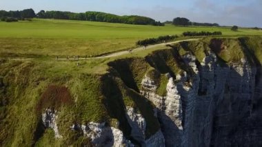 Etretat, Fransa - güneşli bir günde kıyısı ve okyanusu olan güzel kıyı şeridi ve kaymak kayalıkları manzarası