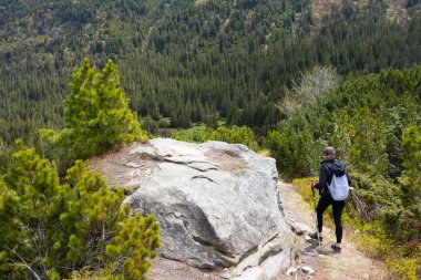 Woman hiker hiking in the mountains in summer to the highest ukrainian ridge Marmarosy near Romania.