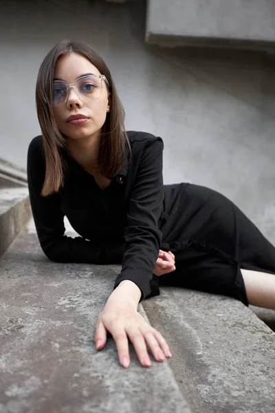 Fashion Headshot Sexy Brunette Woman Make Wearing Black Dress Urban — Φωτογραφία Αρχείου
