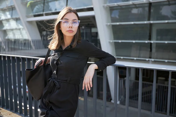 Business Woman Portrait City Streets Sunset Sexy Brunette Wearing Black — Φωτογραφία Αρχείου