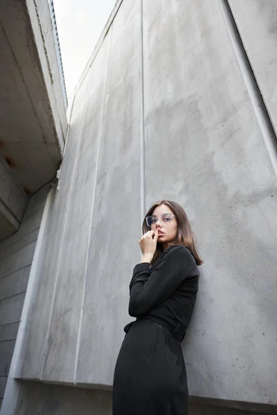 Fashion Portrait Sexy Brunette Woman Make Wearing Black Clothes — Stockfoto