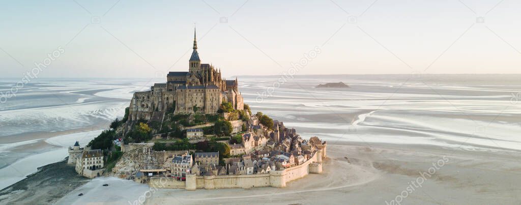 Le Mont Saint-Michel tidal island in beautiful twilight at dusk, Normandy, France