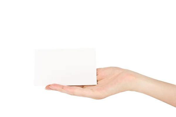 Hand met blanco papier visitekaartje, close-up geïsoleerd op whit — Stockfoto