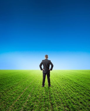 Yeşil çayır üzerinde poz işadamı