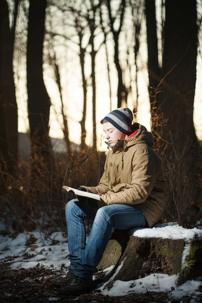 Man die leest de Bijbel in park — Stockfoto