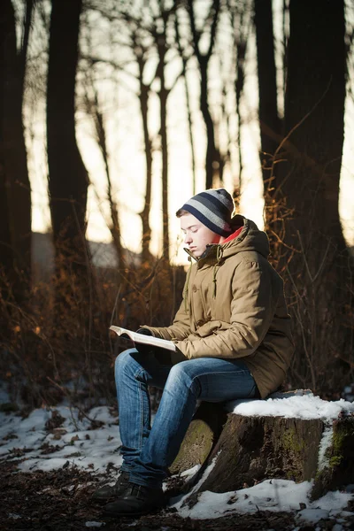 Uomo che legge la Bibbia nel parco — Foto Stock