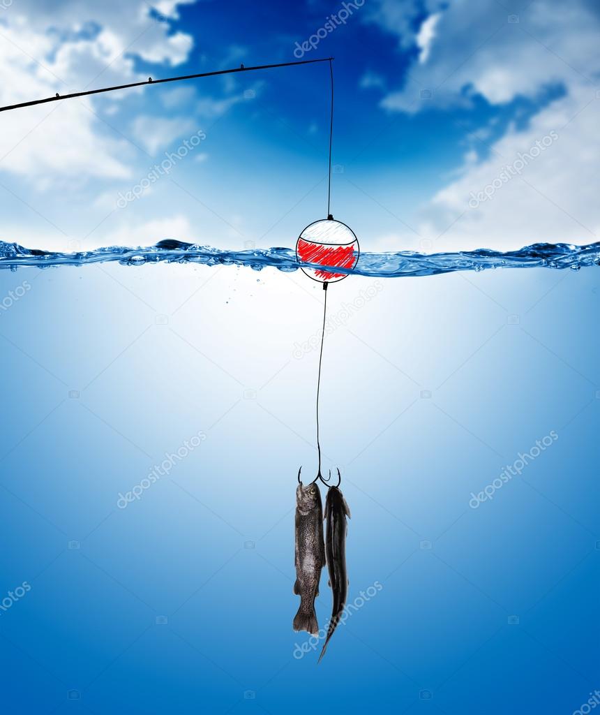 Fish on the hook under water