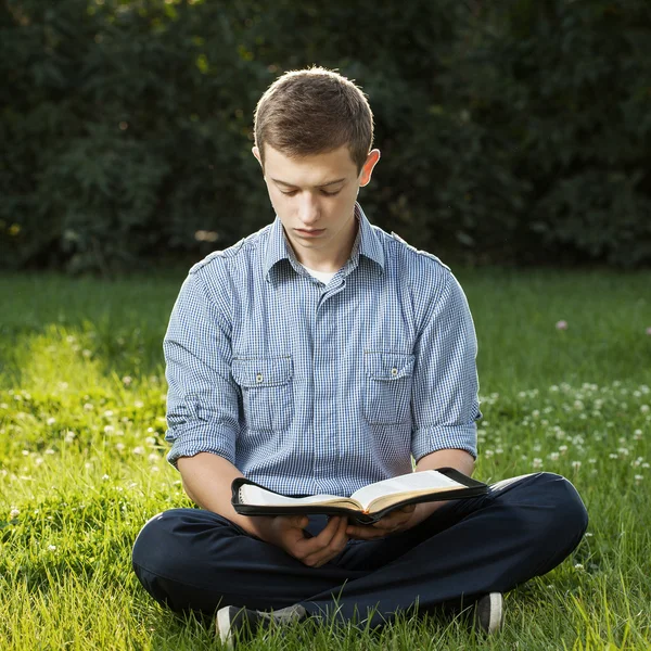 Man reading Bible in park — Stock Photo, Image