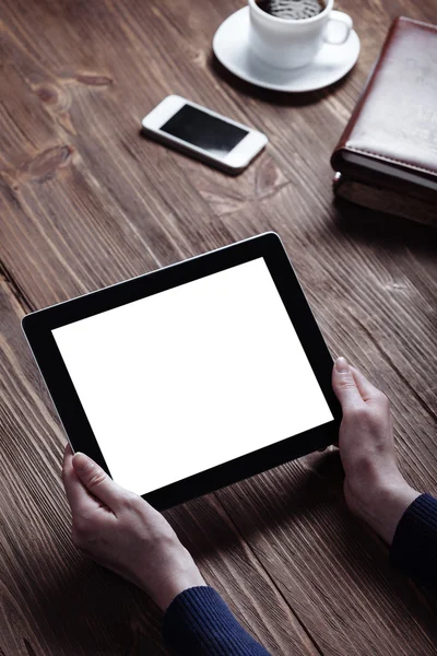 Woman shows screen of digital table — Stock Photo, Image