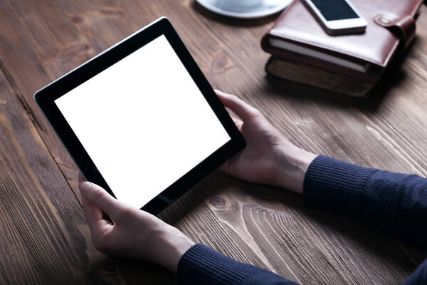 Woman shows screen of digital table