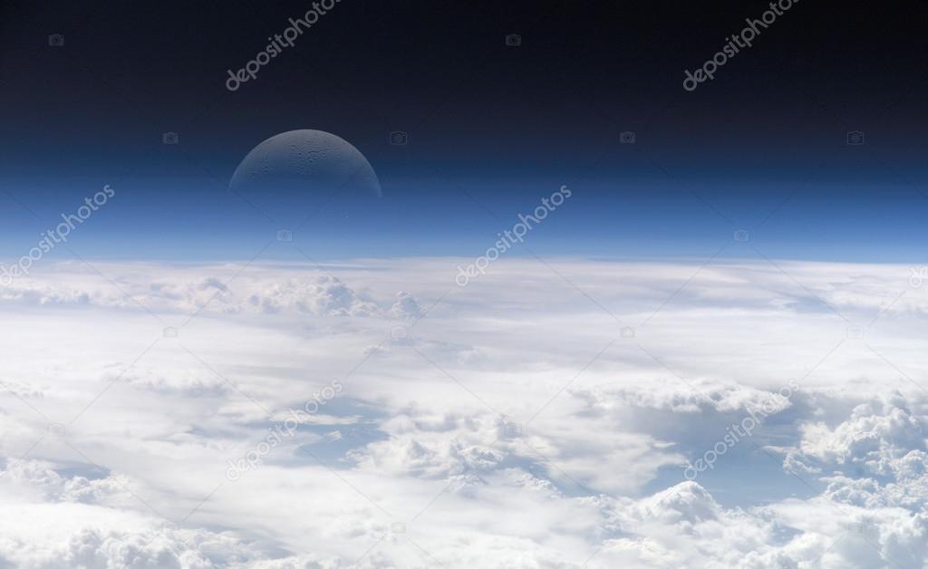 Moon far away from the earth with clouds