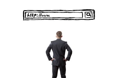 Man looking at a search bar on a virtual screen