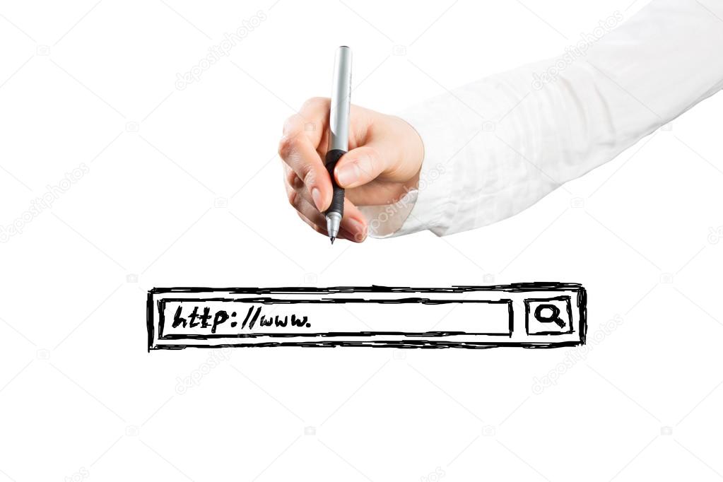 Woman touching a search bar on a virtual screen with her pen