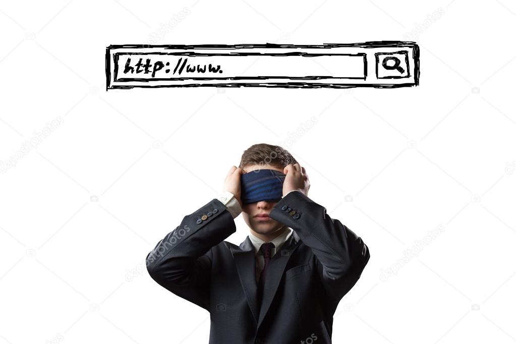 Man with covered eyes under a search bar