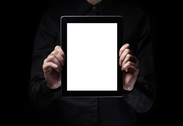 Mãos de mulher segurando um tablet pc com tela branca — Fotografia de Stock