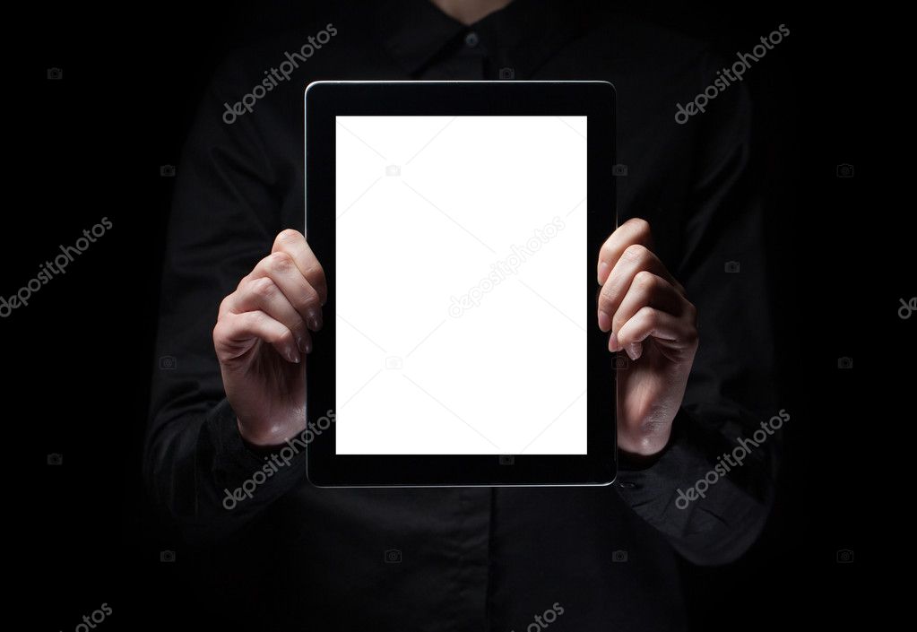 woman hands holding a tablet pc with white screen