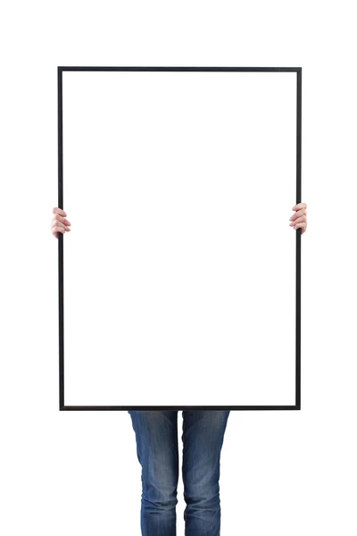 Woman holding blank poster in hand. — Stock Photo, Image