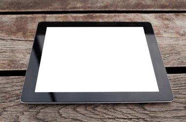 ahşap backg izole ekranda ile tablet pc bilgisayar becerikli alet