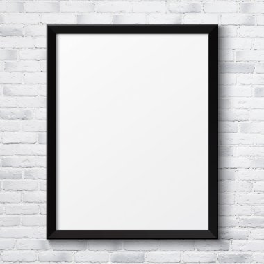 Boş siyah resim poster çerçeve beyaz tuğla duvar doku
