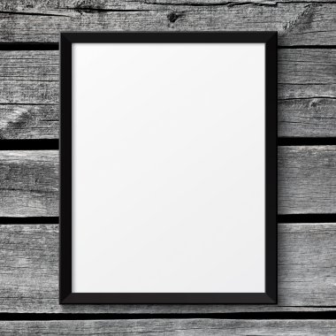 Beyaz ahşap doku üzerine boş siyah resim poster çerçevesi