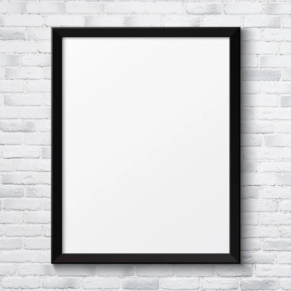 Blank black picture poster frame on the white brick wall texture — Stock Photo, Image