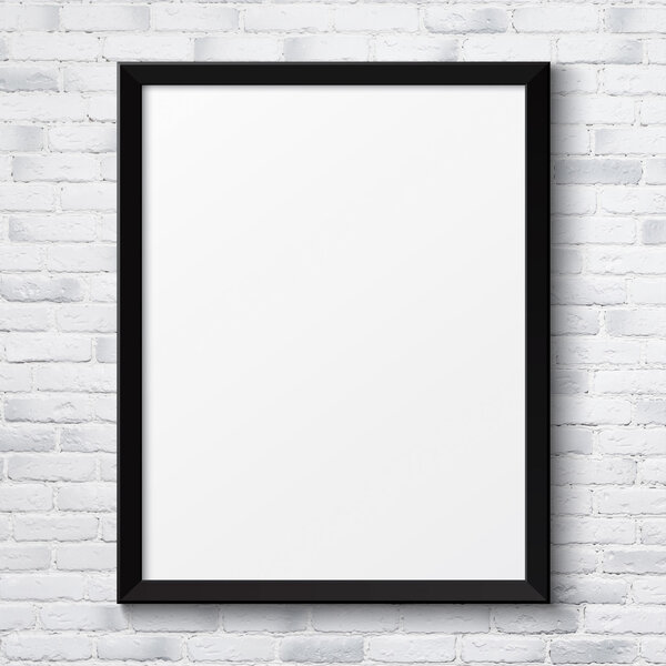 Blank black picture poster frame on the white brick wall texture