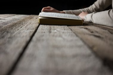 İncil'in üzerine eller kadın. o okuma ve İncil'de üzerinde dua bir