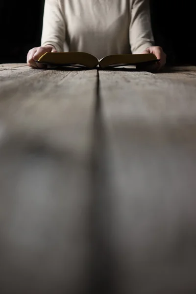 Las manos de la mujer en la Biblia. ella está leyendo y orando sobre la Biblia en un — Foto de Stock
