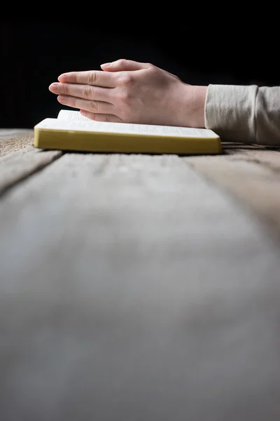 Las manos de la mujer en la Biblia. está leyendo y rezando sobre la Biblia —  Fotos de Stock