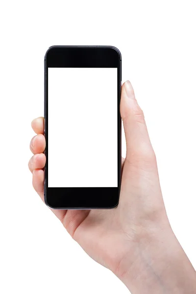 Mano femenina sosteniendo teléfono inteligente aislado sobre fondo blanco — Foto de Stock
