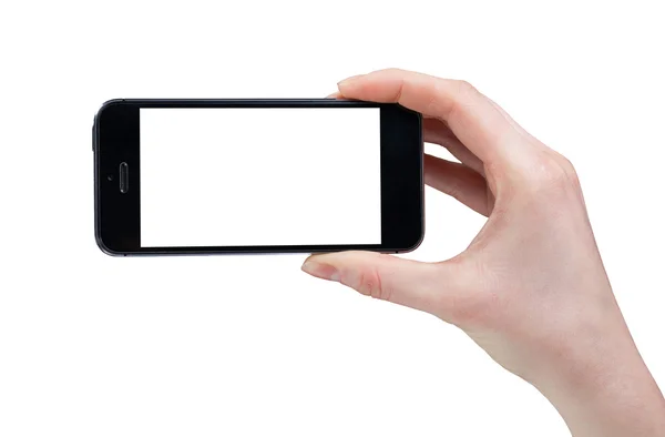 Mão feminina segurando telefone inteligente isolado no fundo branco sagacidade — Fotografia de Stock