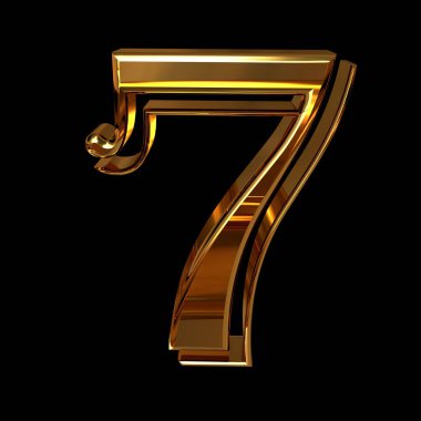 7 numara, siyah arka planda altından yapılmış. 3d oluşturma 