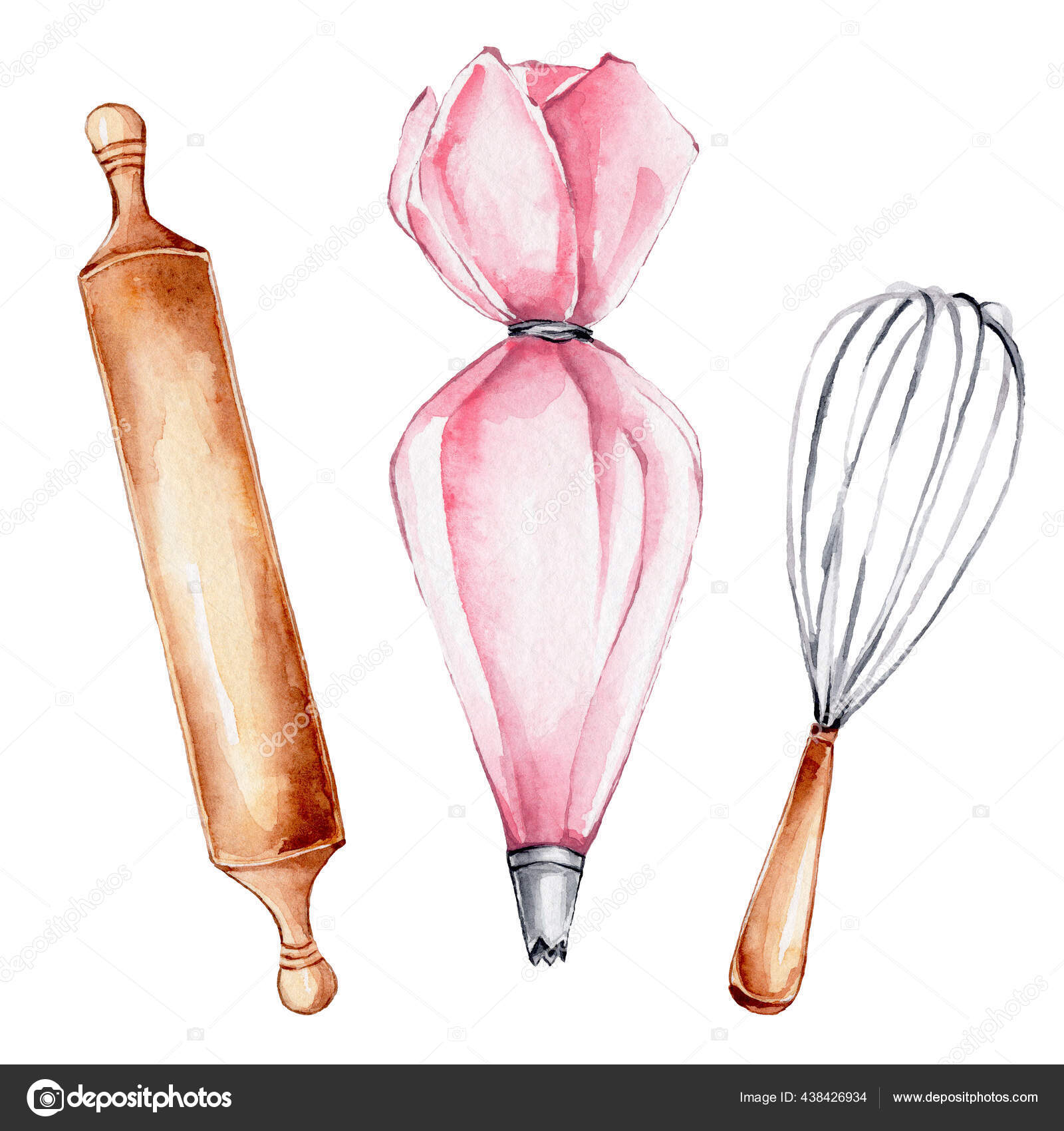 Juego Cocina Bolsita Pastelería Rosa Rodillo Madera Batidor Ilustración  Dibujo Ilustración de stock #438426934 de ©NinaNovikova, image size:1600x1700