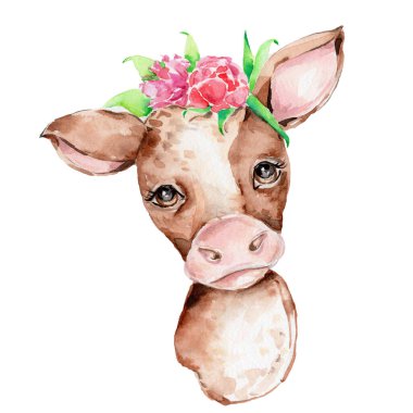 Çiçekli şirin kahverengi inek; suluboya el çizimi resimli; beyaz izole arkaplan