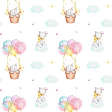 Şirin kediler, balonlar ve bulutlar ile pürüzsüz desen; suluboya el resimleme; beyaz izole arka plan