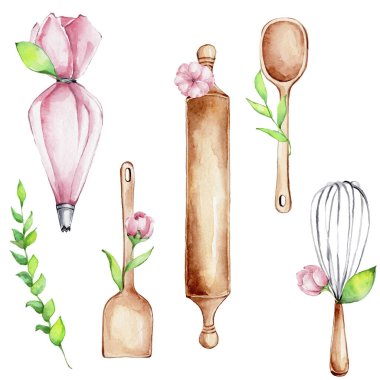 Çiçekli mutfak seti: merdane, pasta poşeti, tahta kaşık, çırpı; suluboya el çizimi illüstrasyonu; mutfak posteri veya fırın logosu için kullanılabilir; beyaz izole edilmiş arka plan