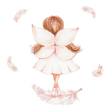 Tüy üzerinde duran beyaz kanatlı çizgi film kızı; suluboya el çizimi illüstrasyon; çocuk posterleri veya kartlar için kullanılabilir; beyaz izole edilmiş arka plan