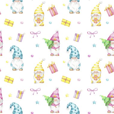 Kusursuz desenli şirin noel cüceleri ve renkli hediyeler ve yıldızlar; suluboya el çizimi resim; beyaz izole edilmiş arka plan