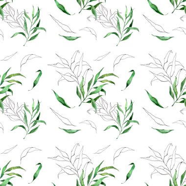 Kusursuz desenli yeşil ve siyah-beyaz yapraklar; suluboya ve el çizimi illüstrasyonu; kart veya davetiyeler için kullanılabilir; beyaz izole arkaplan